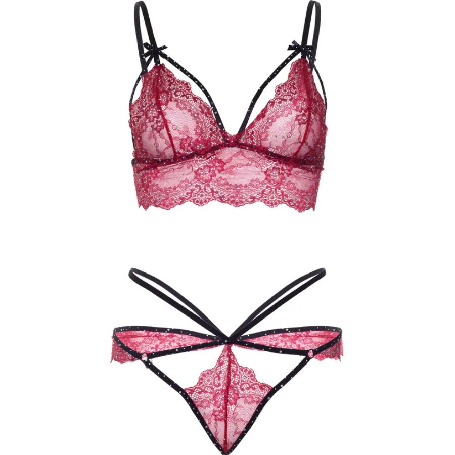 Close-up of the LEG AVENUE Conjunto Sutiã + Calcinha Fio Dental Renda Vinho Tamanho S, highlighting its lace detail and strap design.