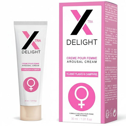 Creme de Excitação Clitoriana RUF X-Delight 30ml, frasco detalhado com ingredientes afrodisíacos.