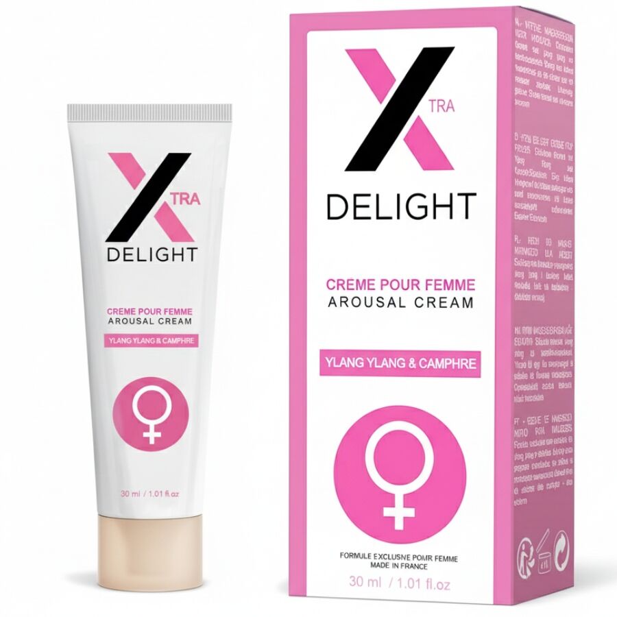 Creme de Excitação Clitoriana RUF X-Delight 30ml, frasco detalhado com ingredientes afrodisíacos.
