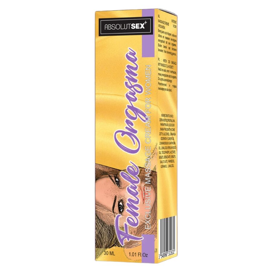 Close-up do RUF Creme Estimulante de Orgasmo Feminino Para Ela 30 ML, detalhando a embalagem e a textura do creme.
