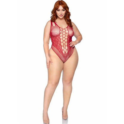 Body sem costura Leg Avenue Borgonha Plus Size 1X/2X em tule e renda