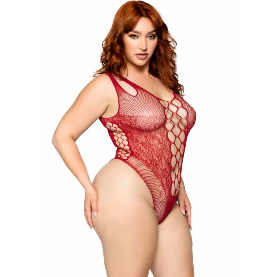 Body sem costura Leg Avenue Borgonha Plus Size 1X/2X em tule e renda