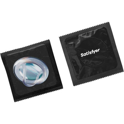 Caixa de preservativos Satisfyer Tamanho XL 60mm com 100 unidades, mostrando embalagens individuais e o produto.