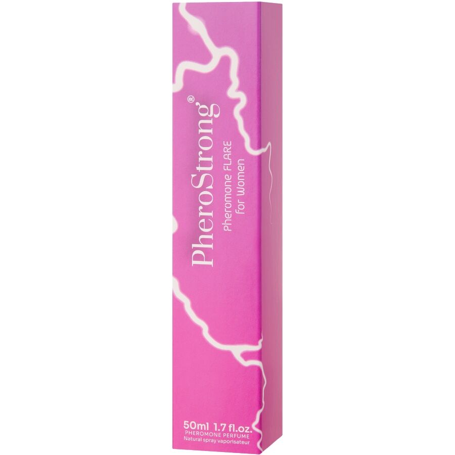 Frasco de perfume PheroStrong Flare com feromônios para mulheres 50ml, exibindo o design elegante da embalagem.