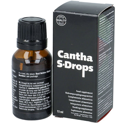 Frasco de COBECO Cantha S-Drops 15 ML, gotas estimulantes sexuais para aumento de desejo e performance.