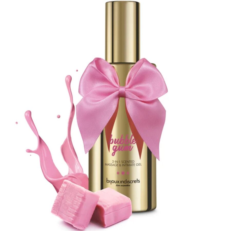 Embalagem do BIJOUX Gel de Massagem e Íntimo 2 em 1 com Perfume de Chiclete 100 ML, mostrando a textura e o design.