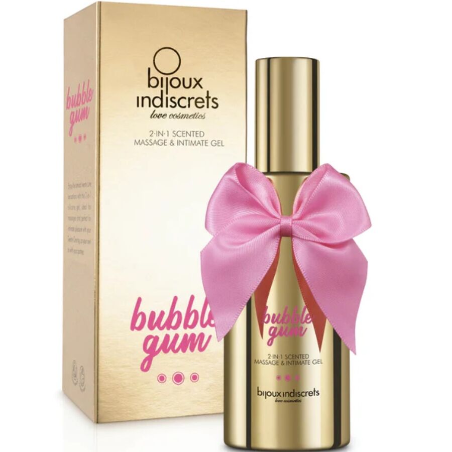 Embalagem do BIJOUX Gel de Massagem e Íntimo 2 em 1 com Perfume de Chiclete 100 ML, mostrando a textura e o design.