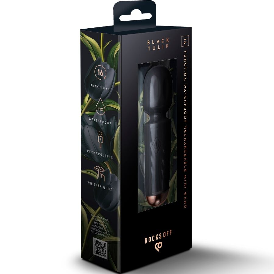 ROCKS-OFF Mini Varinha Recarregável 16 Funções Tulipa Preta para estimulação íntima