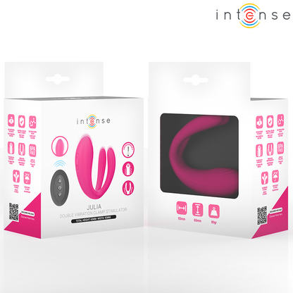 Close-up do vibrador duplo Intense Julia com controle remoto, destacando seu design ergonômico e silicone macio.