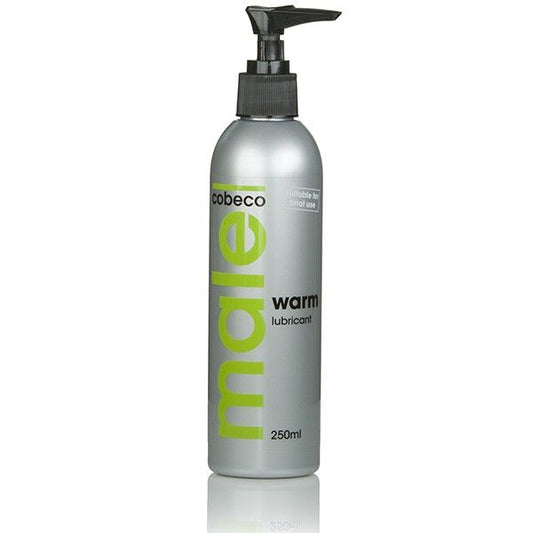 Frasco de COBECO Lubrificante Quente Masculino 250ml com rótulo e tampa.