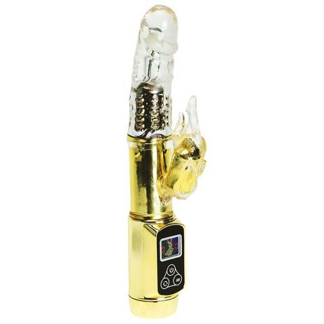 Vibrador Coelho BAILE Paixão Ouro com dupla rotação e estimulador clitoriano para prazer intenso.