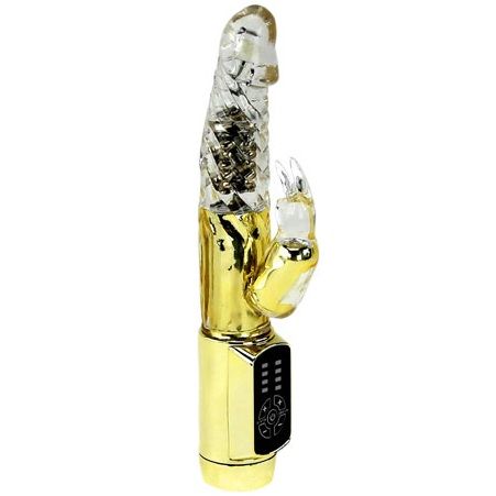 Close-up do BAILE Vibrador Coelho Gold Prince, exibindo seu design ergonómico e estimulador clitoriano.