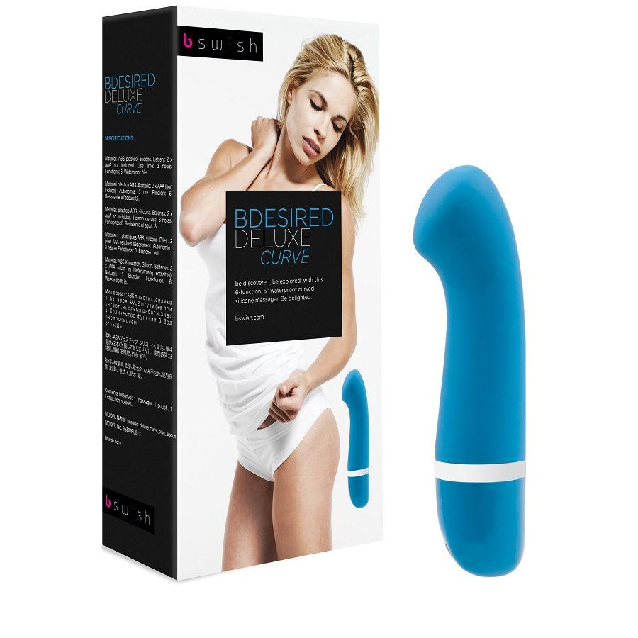Vibrador B SWISH Bdesired Deluxe Curve Azul, mostrando seu design ergonômico e material de silicone macio.