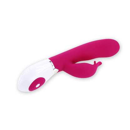 Close-up do Vibrador PRETTY LOVE Felix com estimulador, em lilás e branco, destacando seu design ergonómico e material de silicone.