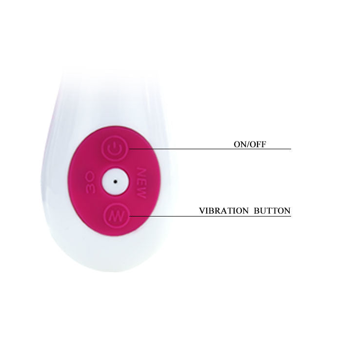 Close-up do Vibrador PRETTY LOVE Felix com estimulador, em lilás e branco, destacando seu design ergonómico e material de silicone.