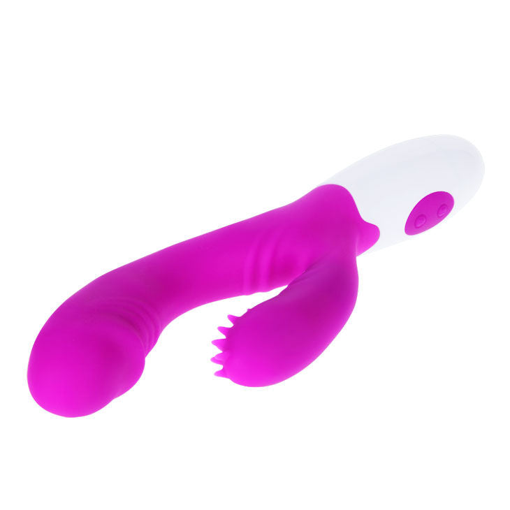 Vibrador PRETTY LOVE Andre em lilás e branco com ponta rotativa e detalhes de silicone.