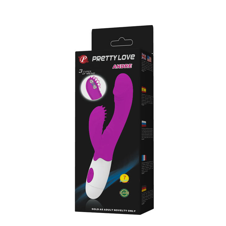 Vibrador PRETTY LOVE Andre em lilás e branco com ponta rotativa e detalhes de silicone.