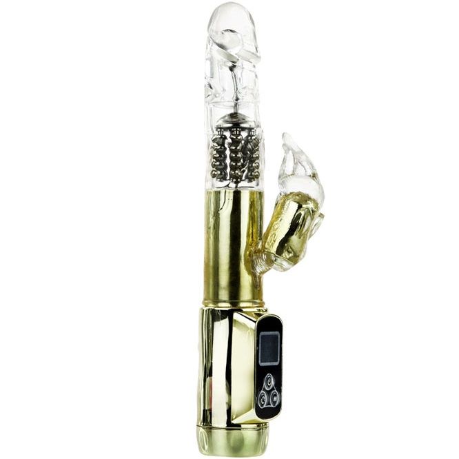 Vibrador Coelho BAILE Paixão Ouro com dupla rotação e estimulador clitoriano para prazer intenso.