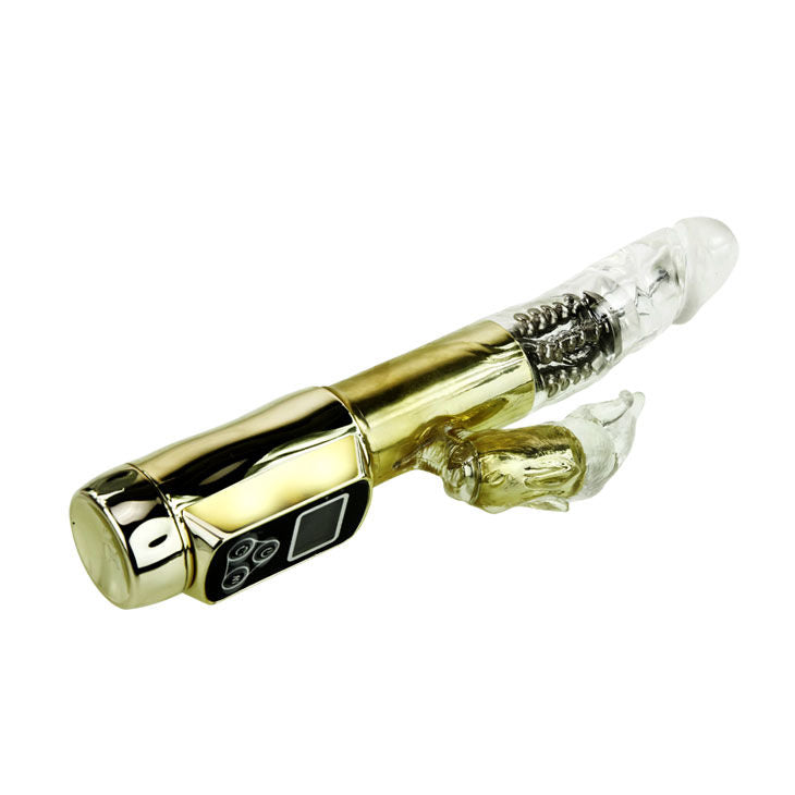 Vibrador Coelho BAILE Paixão Ouro com dupla rotação e estimulador clitoriano para prazer intenso.