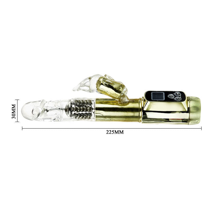 Vibrador Coelho BAILE Paixão Ouro com dupla rotação e estimulador clitoriano para prazer intenso.
