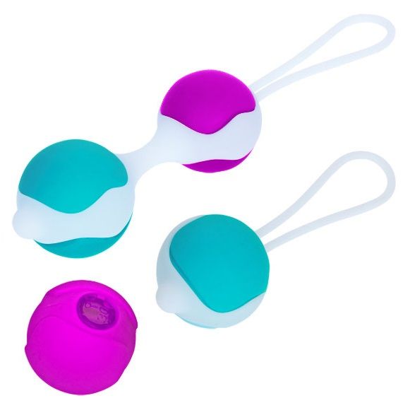 Close-up da Pretty Love Bola Orgásmica Deluxe com pesos intercambiáveis, mostrando o design de silicone macio e o suporte.