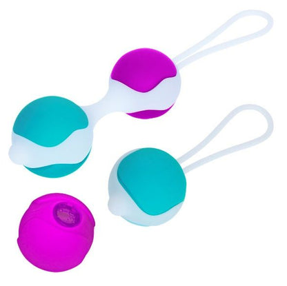 Close-up da Pretty Love Bola Orgásmica Deluxe com pesos intercambiáveis, mostrando o design de silicone macio e o suporte.