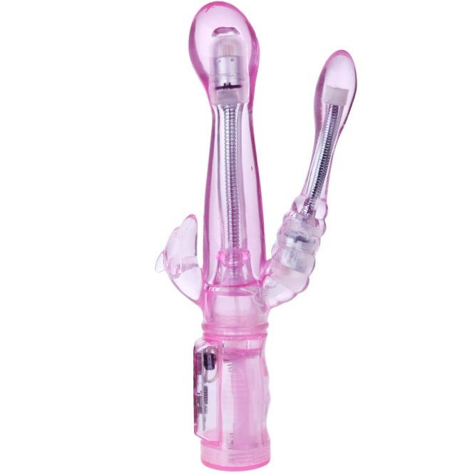 Close-up do BAILE Vibrador Flexível com Estimulador Anal e Ponto G, mostrando seu design ergonómico e material de gelatina macia.