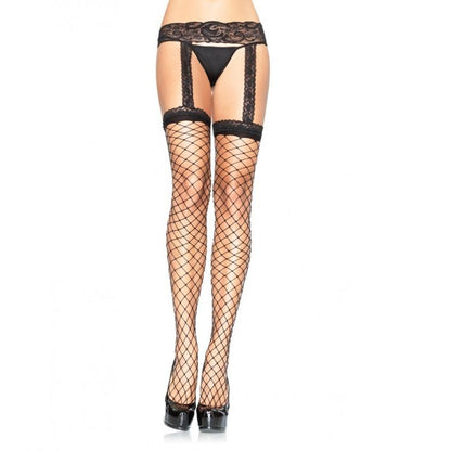 LEG AVENUE - Medias de rejilla con liga de encaje negro