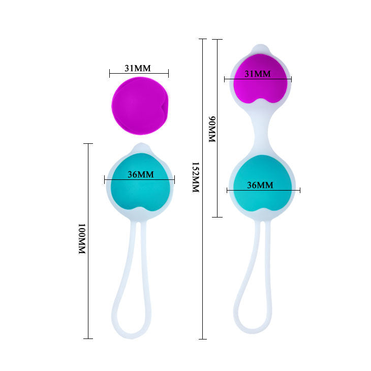 Detalhe das Bolas Vaginais Pretty Love Hegel com pesos intercambiáveis, mostrando o silicone macio e o design ergonómico.