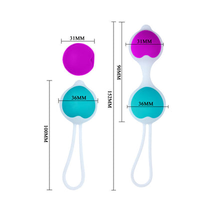 Detalhe das Bolas Vaginais Pretty Love Hegel com pesos intercambiáveis, mostrando o silicone macio e o design ergonómico.