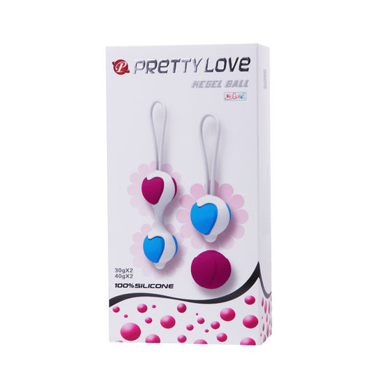Detalhe das Bolas Vaginais Pretty Love Hegel com pesos intercambiáveis, mostrando o silicone macio e o design ergonómico.