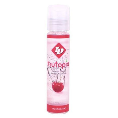 Close-up of the ID Frutopia Lubrificante Sabor Cereja 30ml bottle, highlighting its packaging and cherry flavor indication.