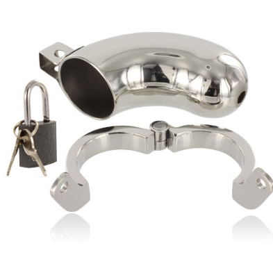 Close-up of the METAL HARD Cinto de Castidade BRIG em Aço Inoxidável, showcasing its design and metallic finish.