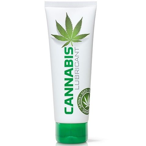 Detalhe do COBECO Lubrificante Cannabis à Base de Água 125ml, mostrando a embalagem e a textura.