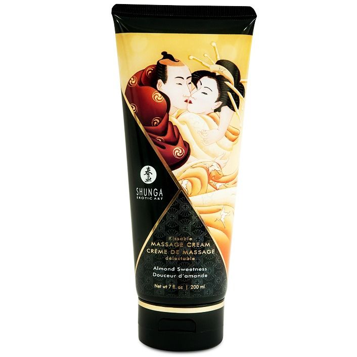 Detalhe do creme de massagem SHUNGA Amêndoa Doce 200 ML, mostrando a textura e a embalagem.