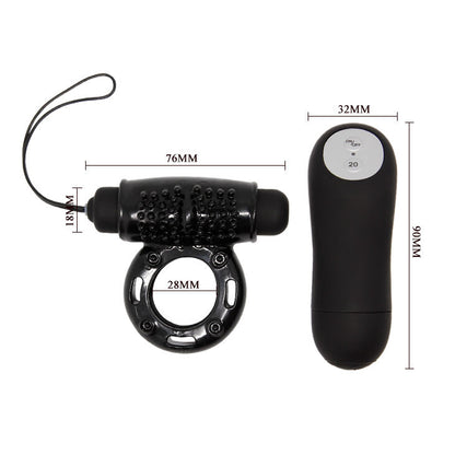 Anel peniano vibratório BAILE com controle remoto, design preto e 20 funções para prazer compartilhado.