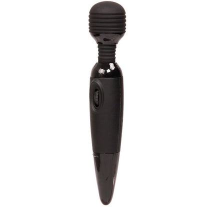 Close-up do BAILE Vibrador Power Wand Compacto Preto Potente, mostrando a sua cabeça flexível e design ergonómico em silicone.