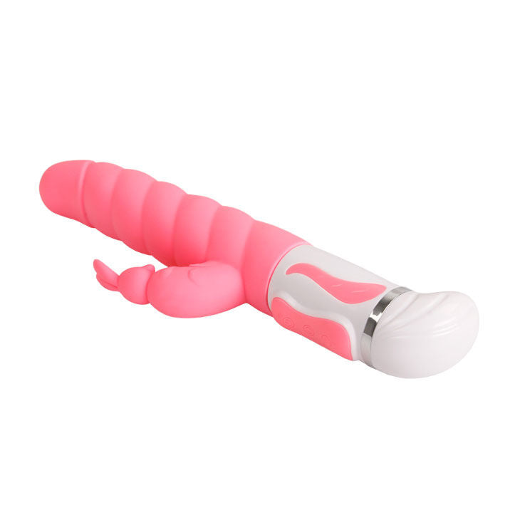 Close-up do Vibrador Estimulador Pretty Love Steven Coelho Rosa, destacando o estimulador rotativo do ponto G e o design tipo coelhinha.