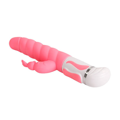 Close-up do Vibrador Estimulador Pretty Love Steven Coelho Rosa, destacando o estimulador rotativo do ponto G e o design tipo coelhinha.