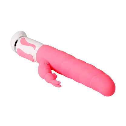 Close-up do Vibrador Estimulador Pretty Love Steven Coelho Rosa, destacando o estimulador rotativo do ponto G e o design tipo coelhinha.