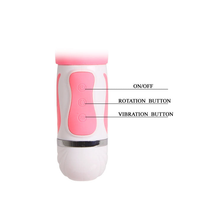 Close-up do Vibrador Estimulador Pretty Love Steven Coelho Rosa, destacando o estimulador rotativo do ponto G e o design tipo coelhinha.