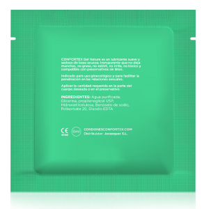 Embalagem do CONFORTEX Lubrificante Dose Única 6ml Neutro Base Água Caixa 100 Unidades, destacando o design e a quantidade.