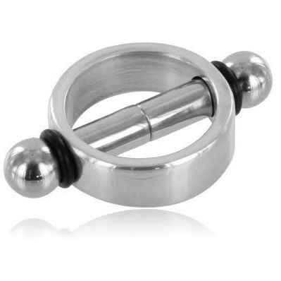 Close-up das Pinças Magnéticas para Mamilos METAL HARD em aço inoxidável, ideais para BDSM.