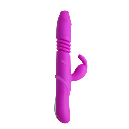 Close-up do vibrador PRETTY LOVE Rabbit Dupla Ação, mostrando seu design ergonómico e estimulador de clitóris em silicone.