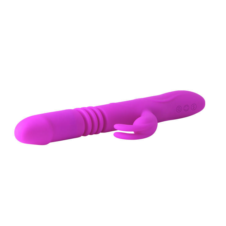 Close-up do vibrador PRETTY LOVE Rabbit Dupla Ação, mostrando seu design ergonómico e estimulador de clitóris em silicone.