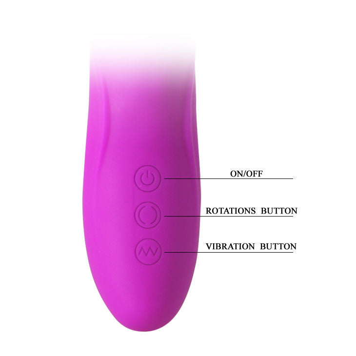 Close-up do vibrador PRETTY LOVE Rabbit Dupla Ação, mostrando seu design ergonómico e estimulador de clitóris em silicone.