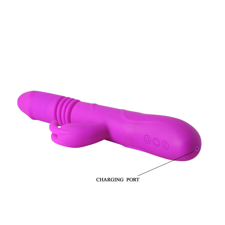 Close-up do vibrador PRETTY LOVE Rabbit Dupla Ação, mostrando seu design ergonómico e estimulador de clitóris em silicone.