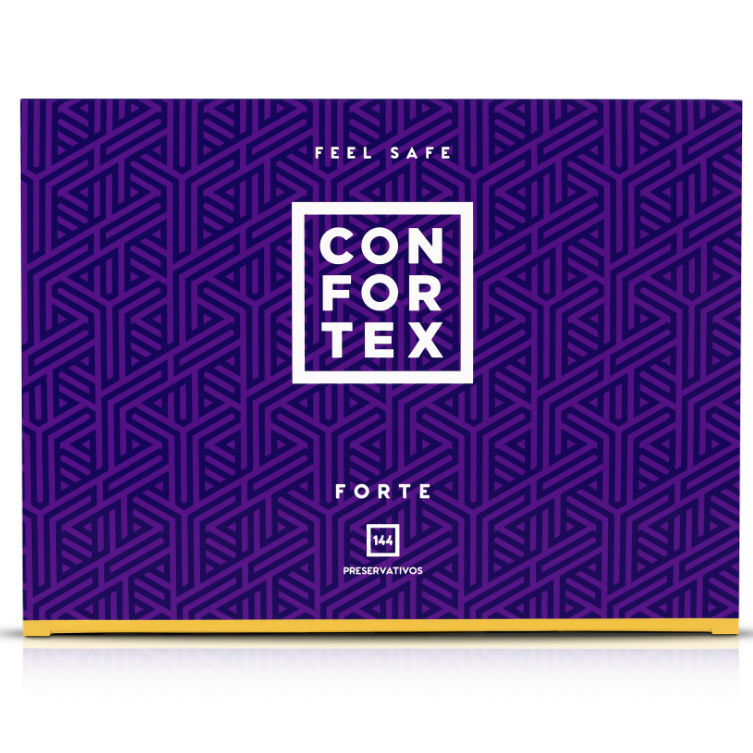 Embalagem de preservativos CONFORTEX Nature Forte com 144 unidades, destacando a proteção e segurança.