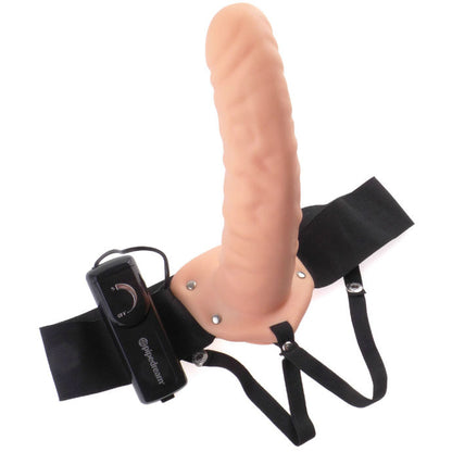 Close-up do FETISH FANTASY SERIES Vibrador Oco Strap-On 19 CM com Vibração Marrom, mostrando o seu design e arnês ajustável.