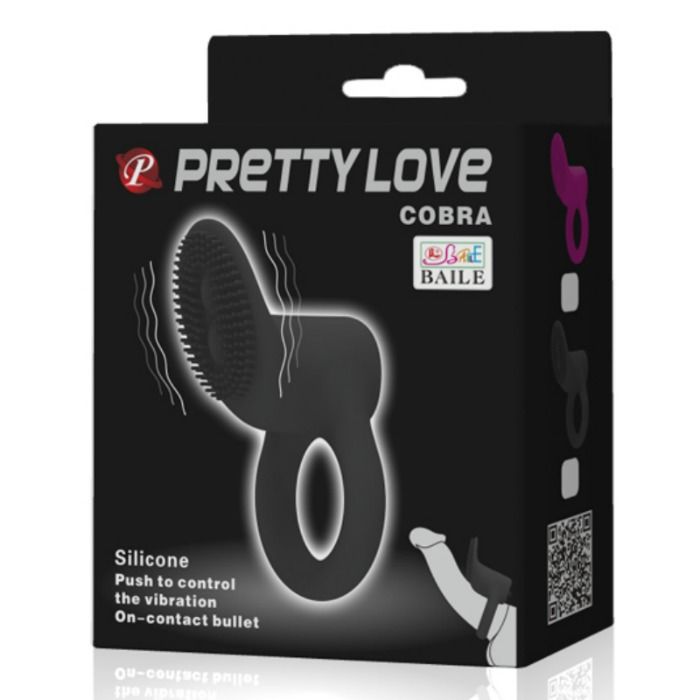 Anel Vibrador PRETTY LOVE Cobra Preto, detalhe da textura em silicone e formato ergonómico.